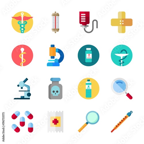 icon Medical with drob counter, pill, microscope, loupe and poison