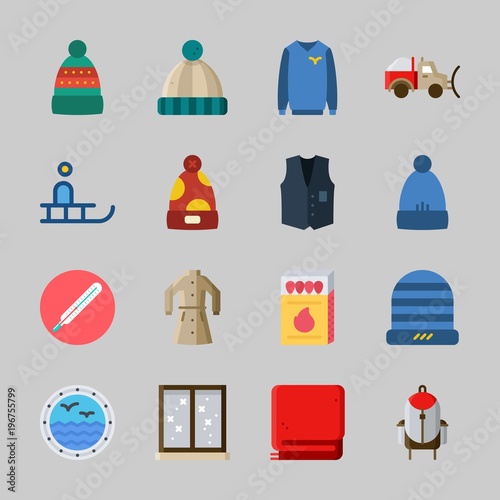 Icons about Winter with sweater, coat, window, blanket, snowplow and winter coat