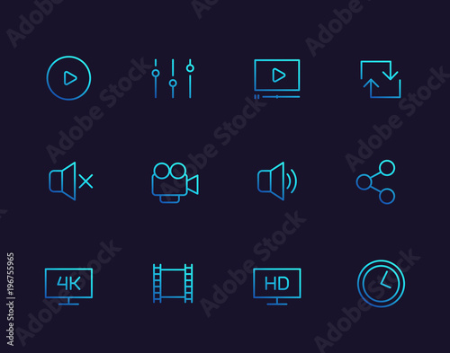 video player line icons set for apps and web