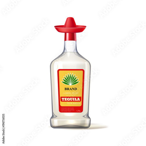 Vector Realistic tequila glass bottle sombrero lid