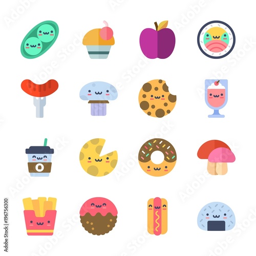 icon Food with sushi, coffee cup, apple, donut and cookie