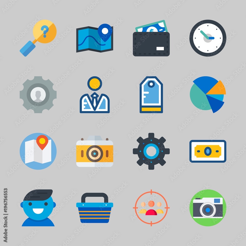 Icons about Commerce with map, wallet, time, settings, search and photo camera Icons about Commerce with map, wallet, time, settings, search and photo camera