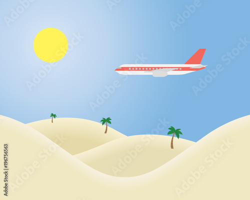 Airliner flying in the blue sky with the sun shining over a tropical landscape with sand and palm trees - suitable for advertising on holiday