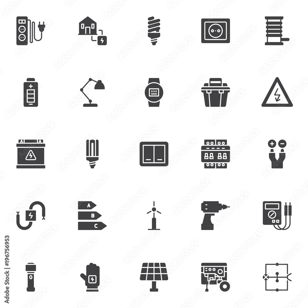 Electrician vector icons set, modern solid symbol collection, filled style pictogram pack. Signs, logo illustration. Set includes icons as electric power supply, fluorescent lamp, power socket Electrician vector icons set, modern solid symbol collection, filled style pictogram pack. Signs, logo illustration. Set includes icons as electric power supply, fluorescent lamp, power socket