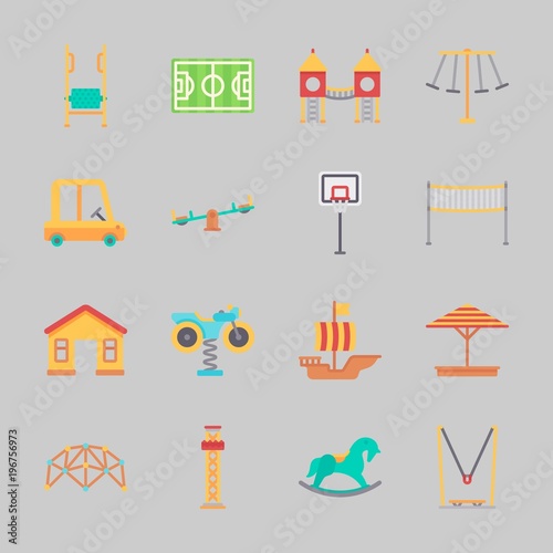 Icons about Amusement Park with swings, sailing boat, carousel, toy car, climbing and fun