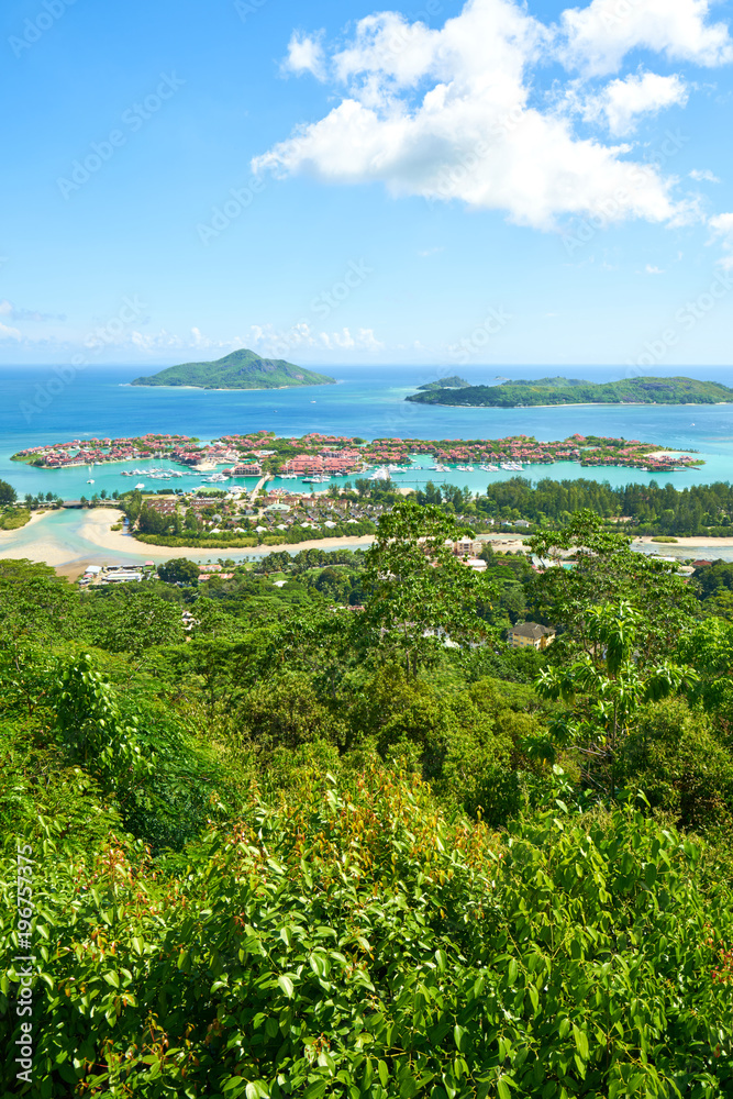 Panoramic view of Victoria and Eden Islands, Mahe, Seychelles