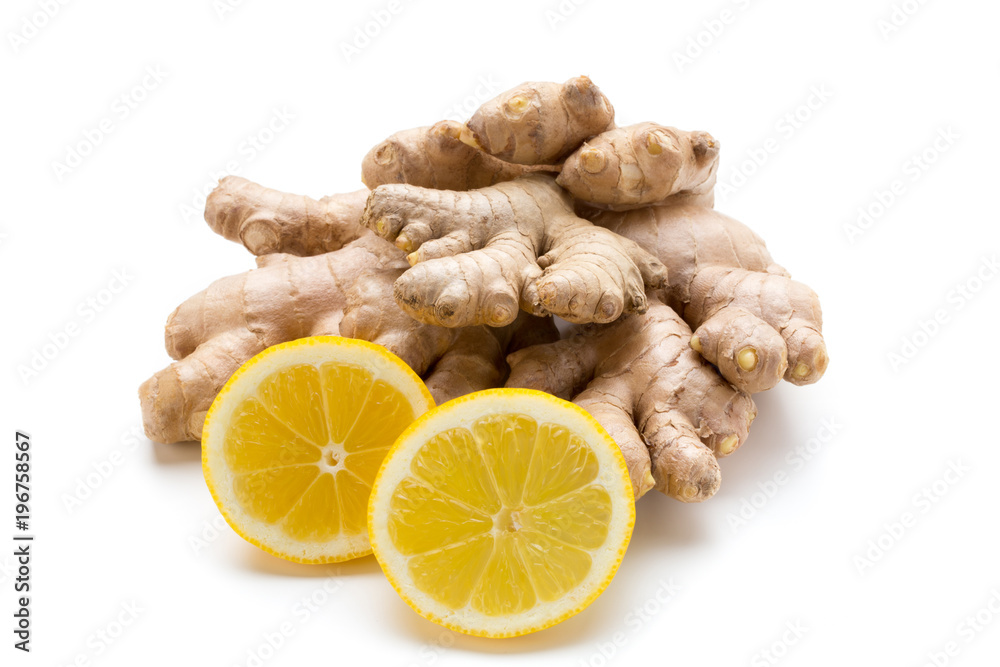 Ginger bio and lemon on white background.