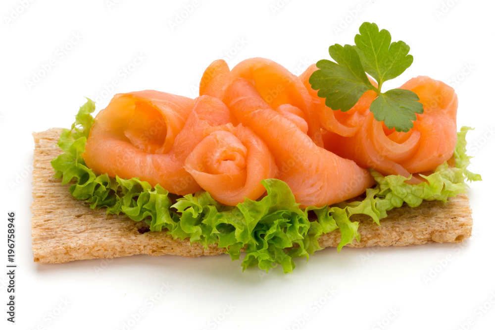 Bread with fresh salmon fillet isolated on white background, top view. Bread with fresh salmon fillet isolated on white background, top view.