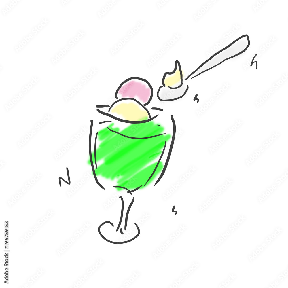 クリームメロンソーダ アイスをスプーンで食べる ジュース 飲み物のゆるいオシャレイラスト Stock Illustration Adobe Stock