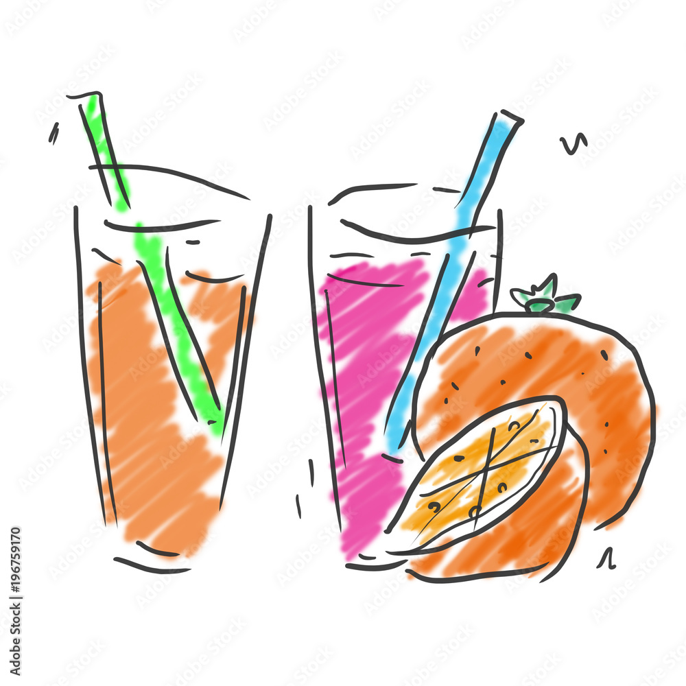 グラスに入ったオレンジジュースとクランベリジュース とジュース 飲み物のゆるいオシャレイラスト Stock イラスト Adobe Stock