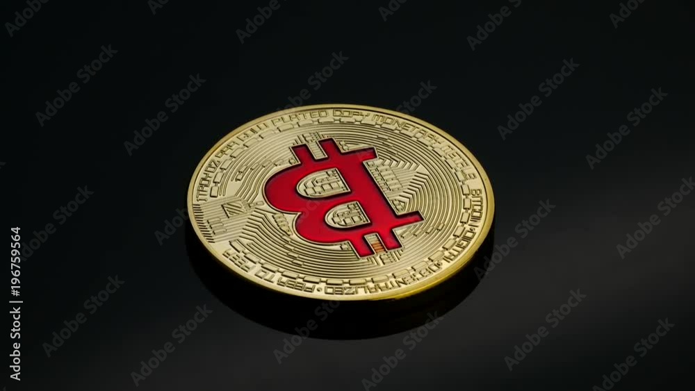 Rotating bitcoin cryptocurrency gold coin red logo black backround business concept