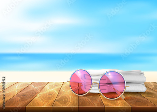 Vector wood floor beach seaside sunglasses towel