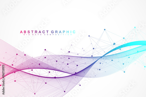 Geometric abstract background with connected lines and dots. Wave flow. Molecule and communication background. Graphic background for your design. Vector illustration.