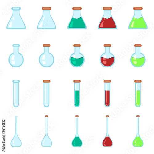 Vector Set of Chemistry Lab Glassware Flat Icons.