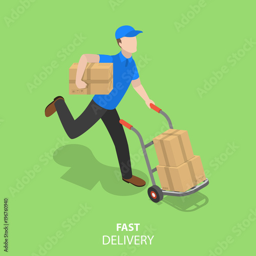 Happy courier flat isometric vector concept. Fast delivery.