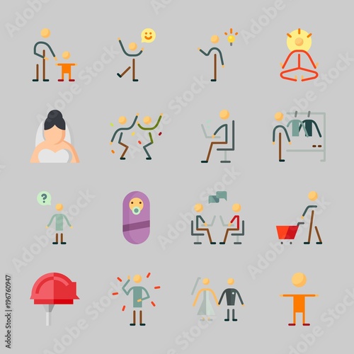 Icons about Human with kid, happiness, fashion, shopping, dancing and question