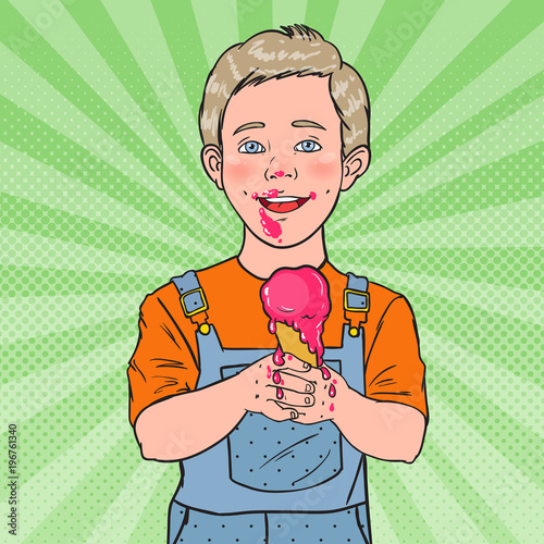 Pop Art Happy Little Boy Eating Ice Cream. Kid with Cold Dessert. Sweet Food. Vector illustration