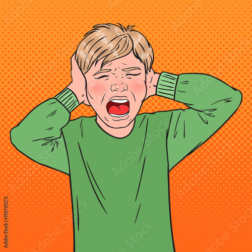 Pop Art Angry Screaming Boy Tearing his Hair. Aggressive Kid. Emotional Child Facial Expression. Vector illustration