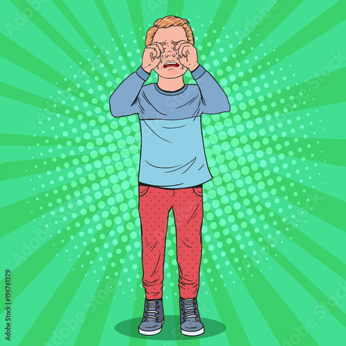 Pop Art Upset Little Boy Crying. Sad Child Cry with Tears. Kid Tearful Facial Expression. Vector illustration