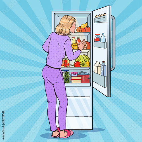 Pop Art Woman Choosing Food from the Fridge. Healthy Eating, Dieting, Organic Food Concept. Vector illustration