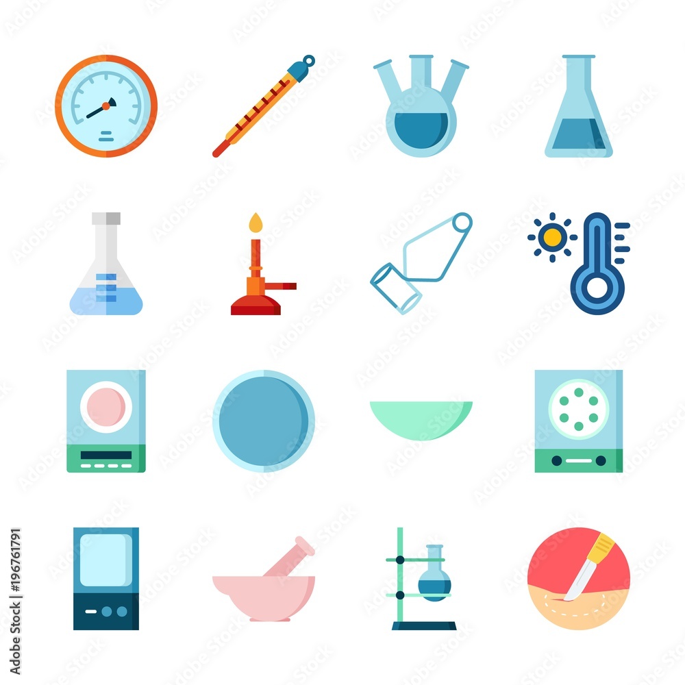 icon Laboratory with separator funnel, velocity, tube, test tube and watch glass icon Laboratory with separator funnel, velocity, tube, test tube and watch glass