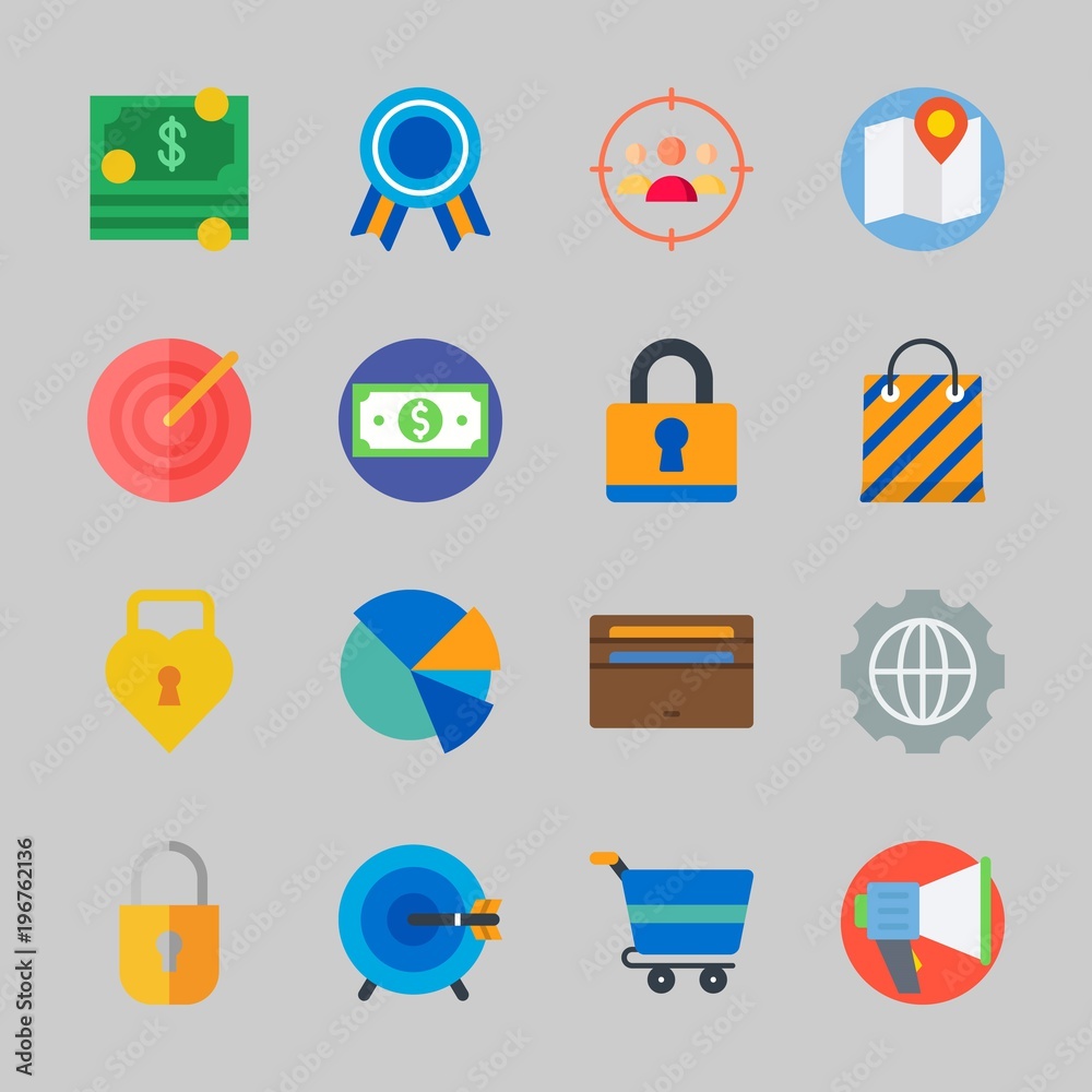 Icons about Commerce with money, wallet, settings, target, shopping bag and pie chart Icons about Commerce with money, wallet, settings, target, shopping bag and pie chart