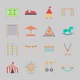Icons about Amusement Park with game zone, ferris wheel, amusement park, climbing, bumber car and swing