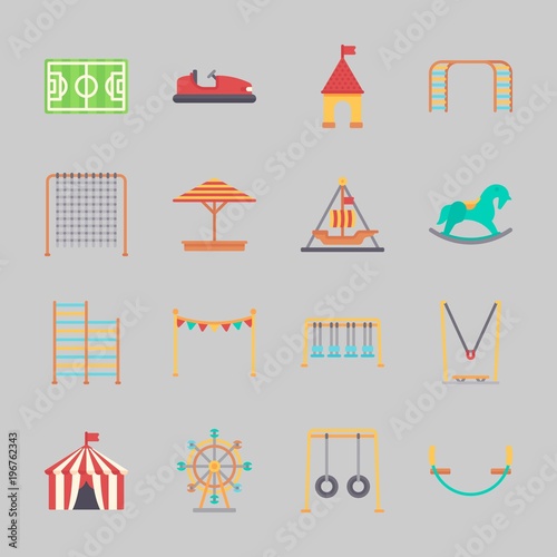 Icons about Amusement Park with game zone, ferris wheel, amusement park, climbing, bumber car and swing