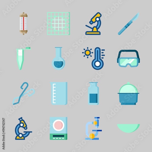 Icons about Laboratory with separator funnel, thermometer, beaker, watch glass, lab and gas jar