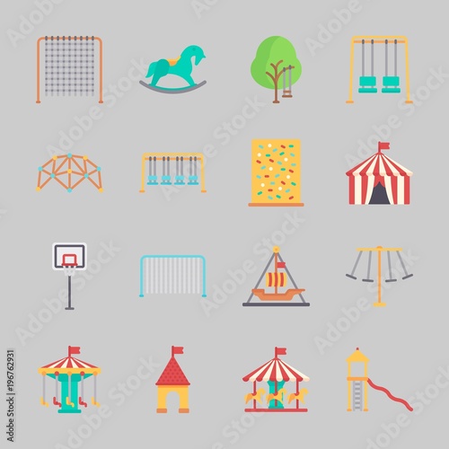 Icons about Amusement Park with carousel, horse swing, climb , slide, swings and amusement park © Orxan