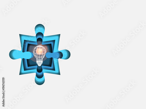 Curvilinear form of jigsaw containing wireframe lightbulb. Volumetric multilevel cut from a paper of jigsaw. Business concept. Creative idea. Technology background. Vector illustration.