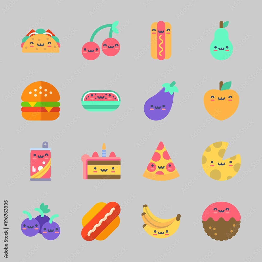 Icons about Food with meatball, pizza, cheese, grapes, bananas and eggplant