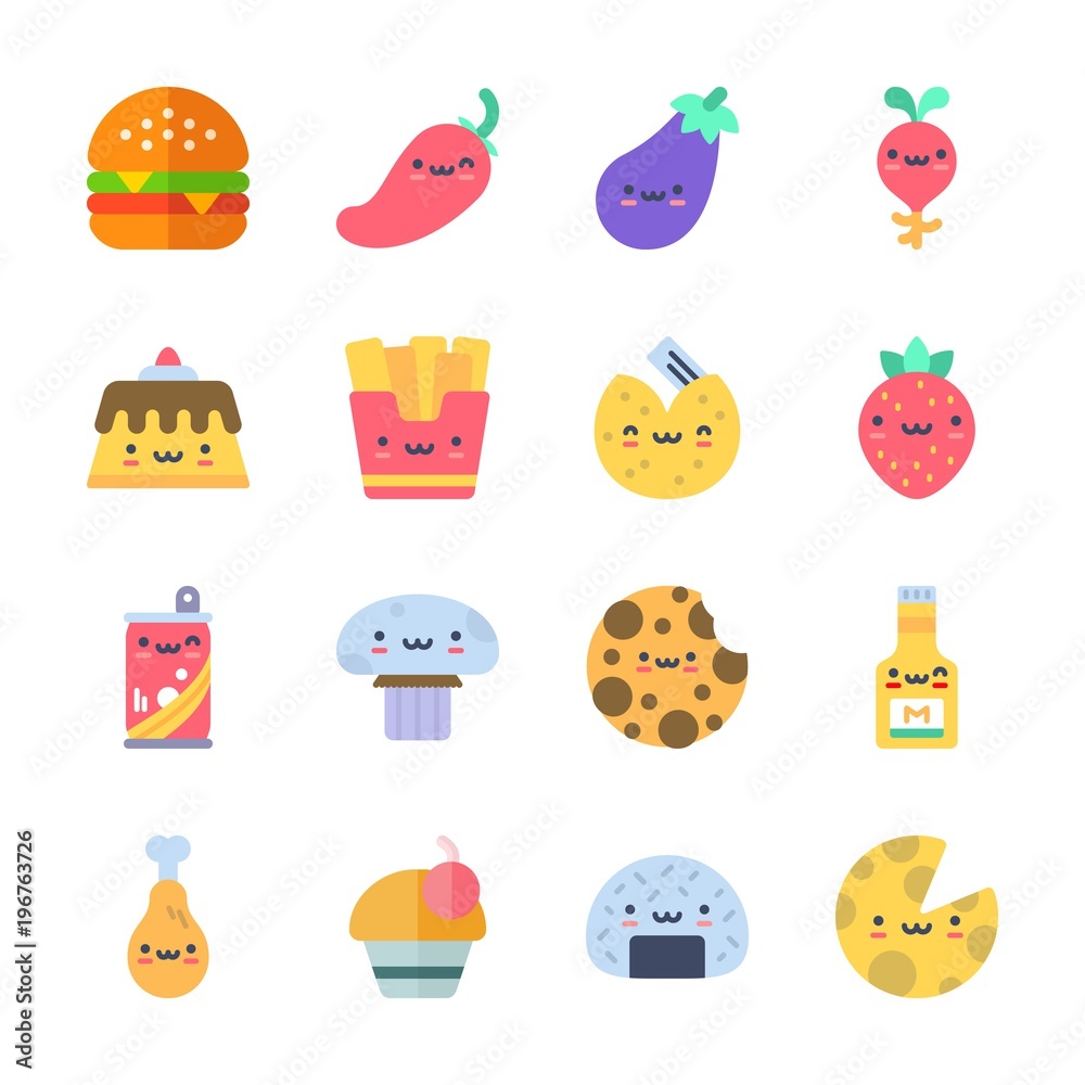 Fototapeta premium icon Food with mushroom, eggplant, hamburger, chicken leg and cheese