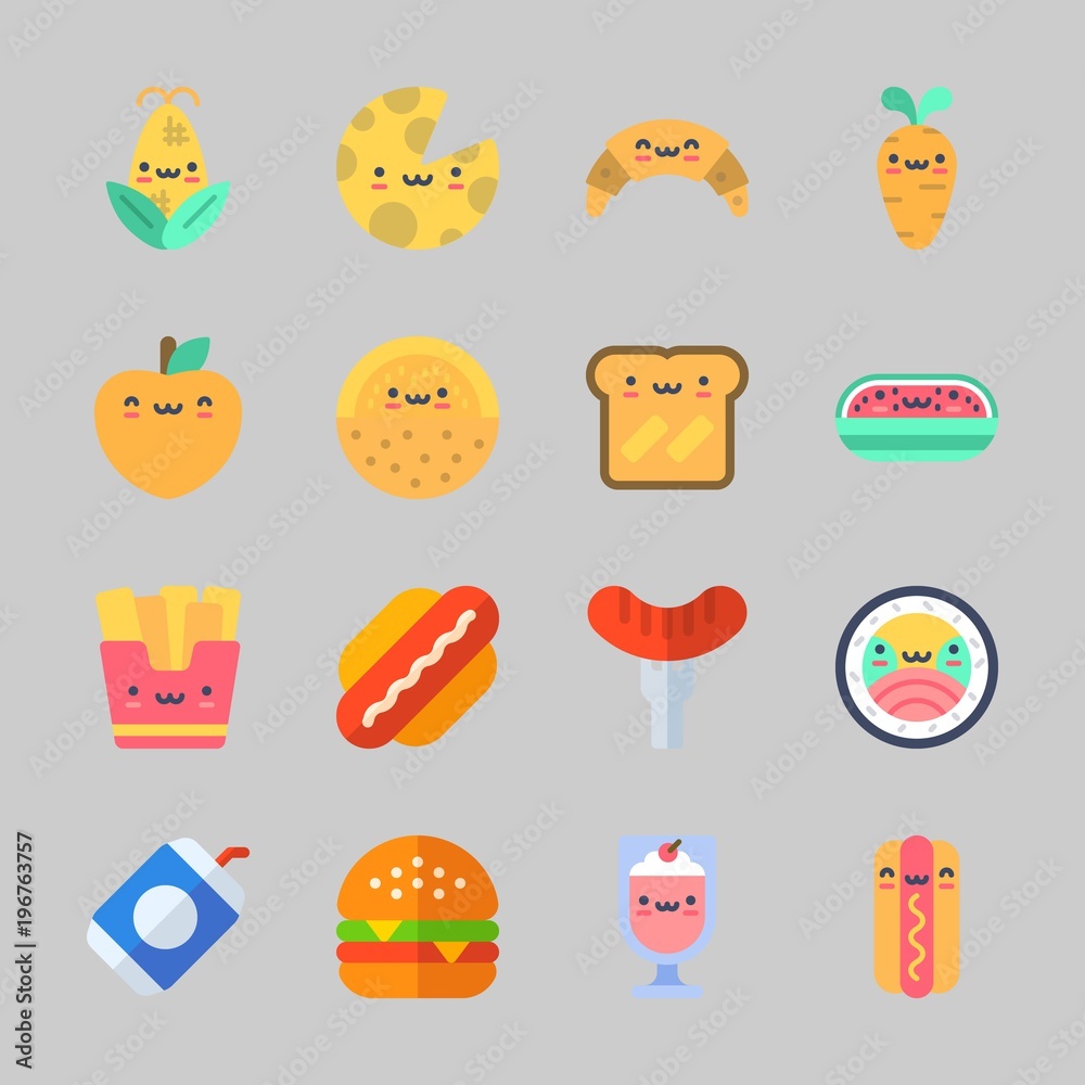 Icons about Food with hamburger, fries, peach, sushi, croissant and milkshake