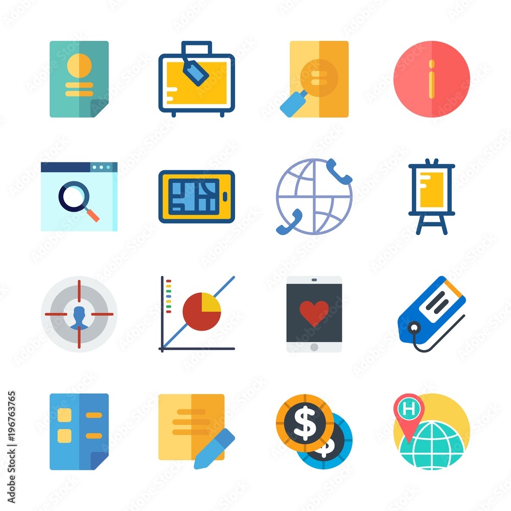 icon Business with coin, line graph, file, search and suitcase icon Business with coin, line graph, file, search and suitcase
