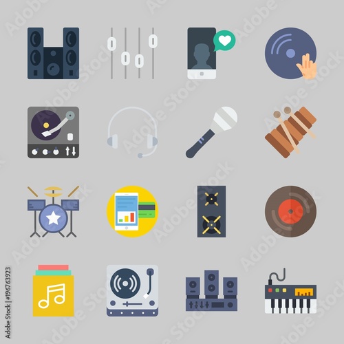 Icons about Music with music album, vinyl, sound system, announcer, piano and disc jockey