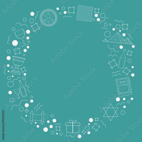 Frame with Passover holiday flat design white thin line icons