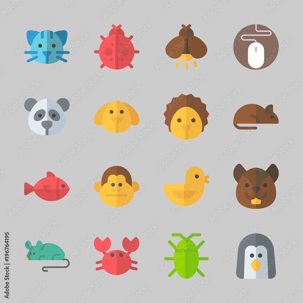 Fototapeta premium Icons about Animals with monkey, crab, rat, hedgehog, cat and penguin