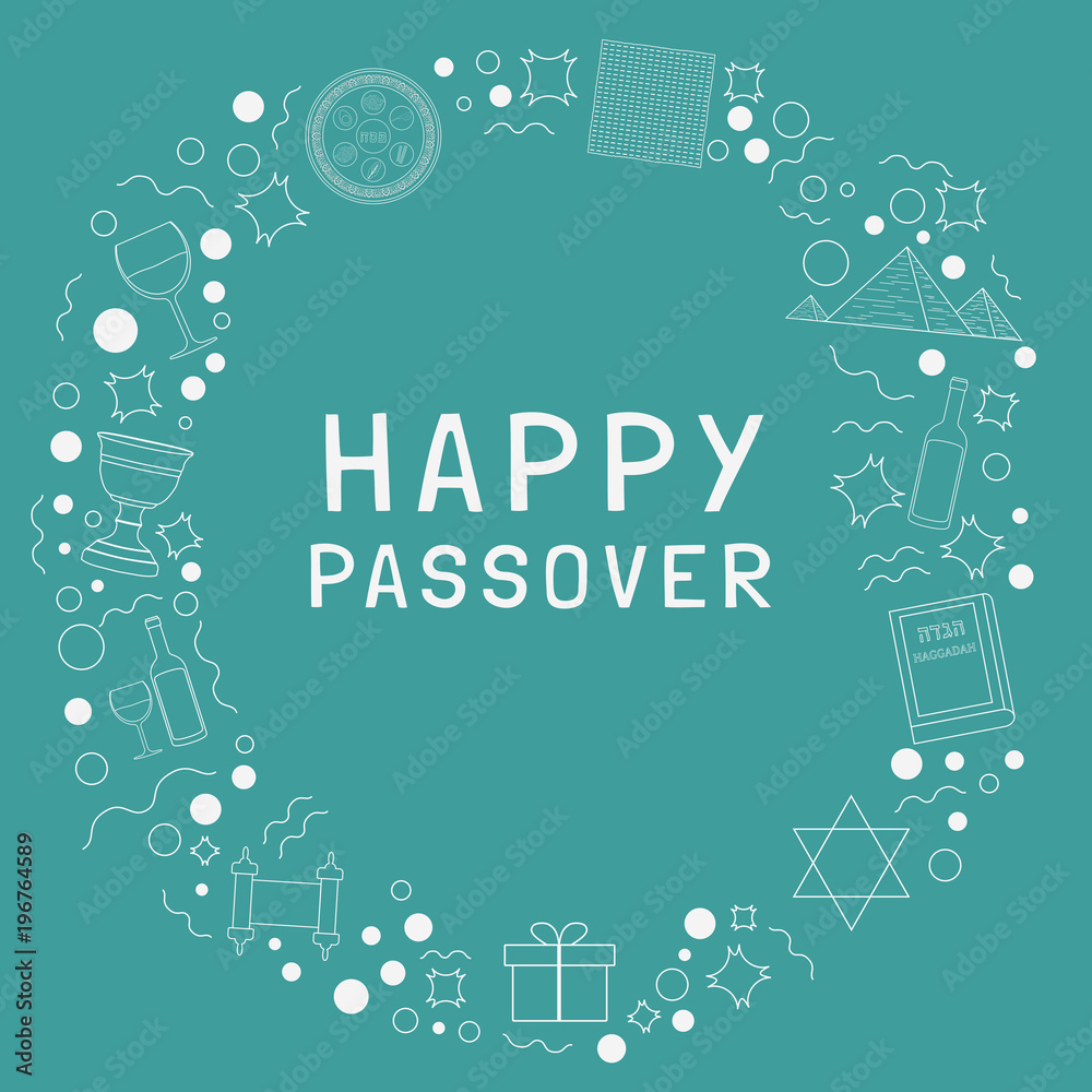 Frame with Passover holiday flat design white thin line icons with text in english Frame with Passover holiday flat design white thin line icons with text in english