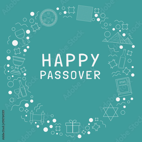 Frame with Passover holiday flat design white thin line icons with text in english