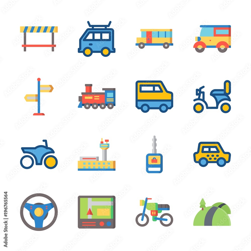 icon Transportation with car key, locomotive, road, car and motorbike