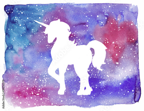 Silhouette fantastic unicorn on a cosmic background. Watercolor illustration