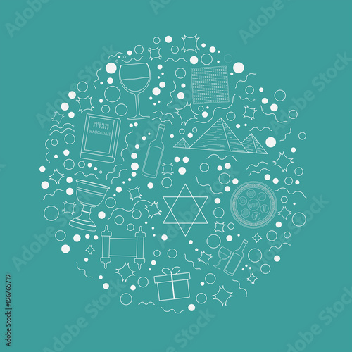 Passover holiday flat design white thin line icons set in round shape