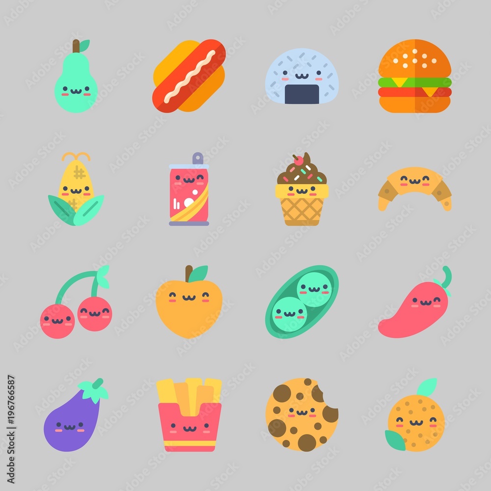 Icons about Food with peach, eggplant, hot dog, corn, onigiri and cookie