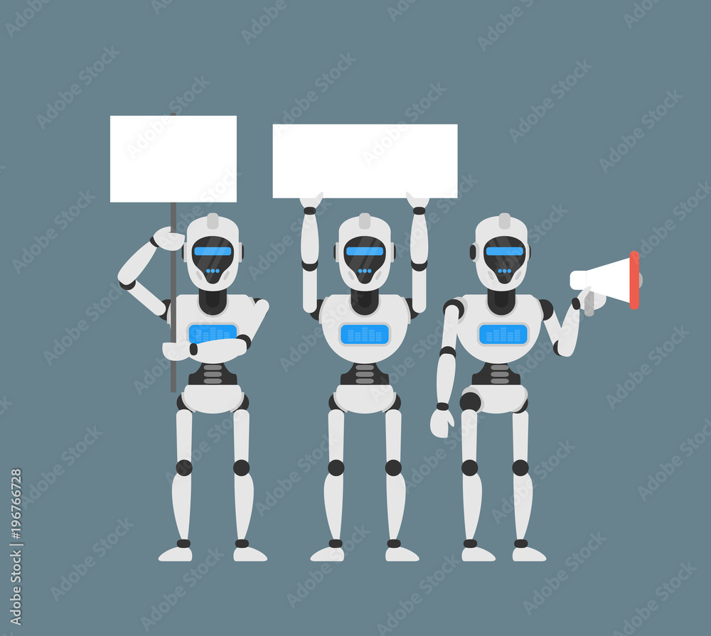 robots humanoid protest with banner and megaphone robots humanoid protest with banner and megaphone