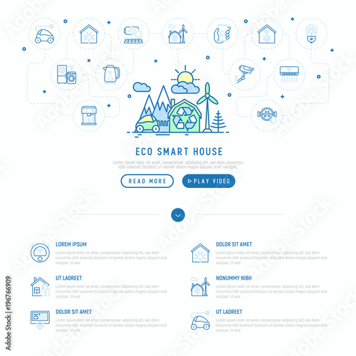 Eco smart house in mountains with wind generator and electrocar concept with thin line icons: solar battery, security, light settings, appliances, mobile app control. Vector illustration.