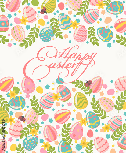 Happy Easter modern greeting card in pastel colors with colorful eggs, spring flowers and holidays objects.