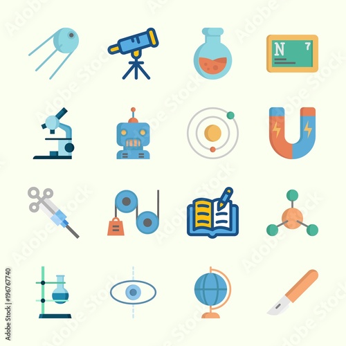 Icons about Science with syringe, open book, planet, atom, sputnik and microscope