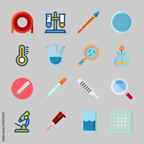 Icons about Laboratory with tube, dropper, microscope, lab, test tube and beaker