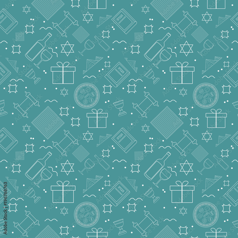 Passover holiday flat design white thin line icons seamless pattern